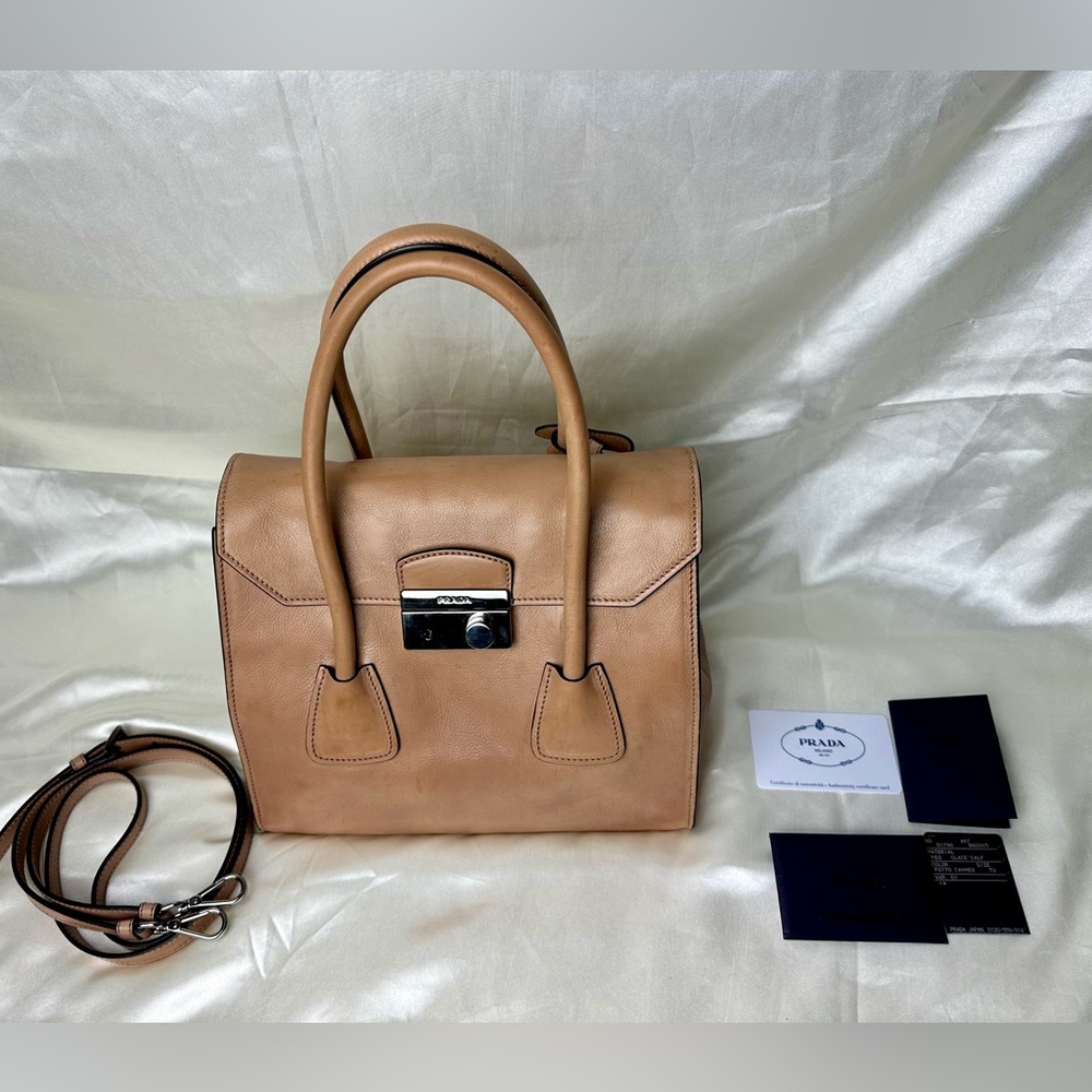 Authentic Prada Pomic Glace Calf Leather Double Handle Tote Bag BN2665
